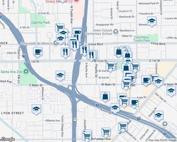 map of restaurants, bars, coffee shops, grocery stores, and more near 205 South Myrtle Avenue in Tustin
