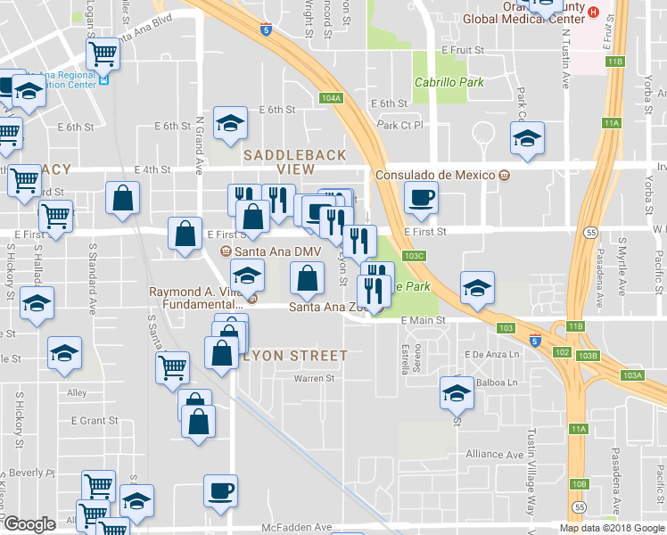 map of restaurants, bars, coffee shops, grocery stores, and more near 214 South Lyon Street in Santa Ana