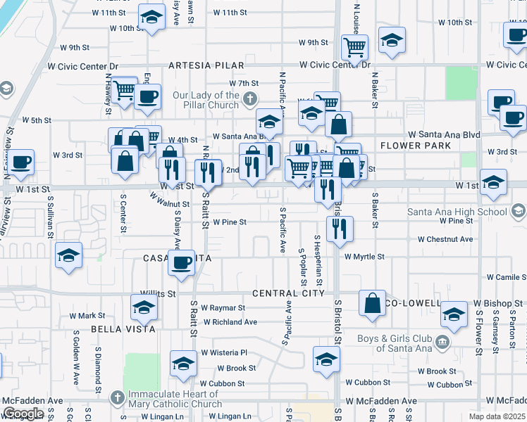 map of restaurants, bars, coffee shops, grocery stores, and more near 222 South Spruce Street in Santa Ana