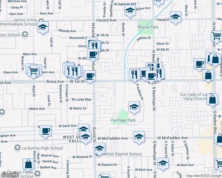 map of restaurants, bars, coffee shops, grocery stores, and more near 4918 West 1st Street in Santa Ana