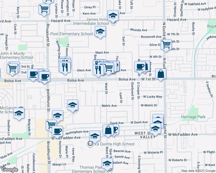 map of restaurants, bars, coffee shops, grocery stores, and more near 15082 Wales Circle in Westminster