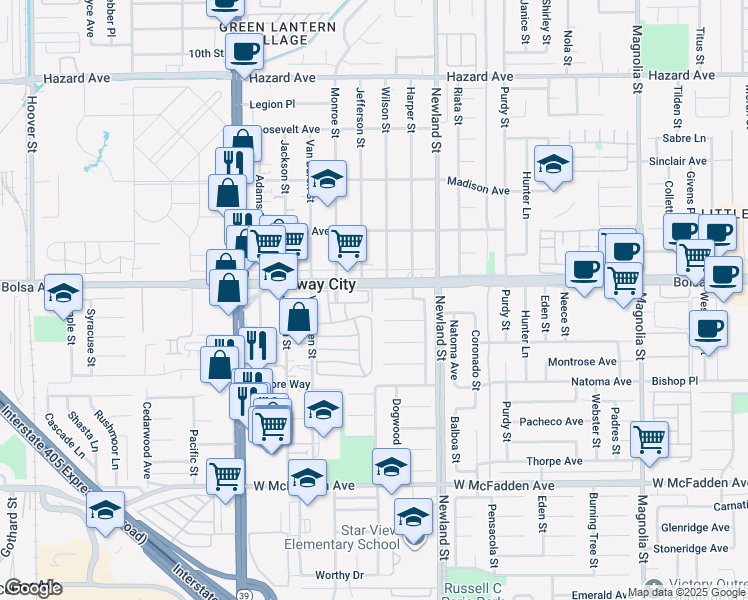 map of restaurants, bars, coffee shops, grocery stores, and more near 8322 Bolsa Avenue in Midway City