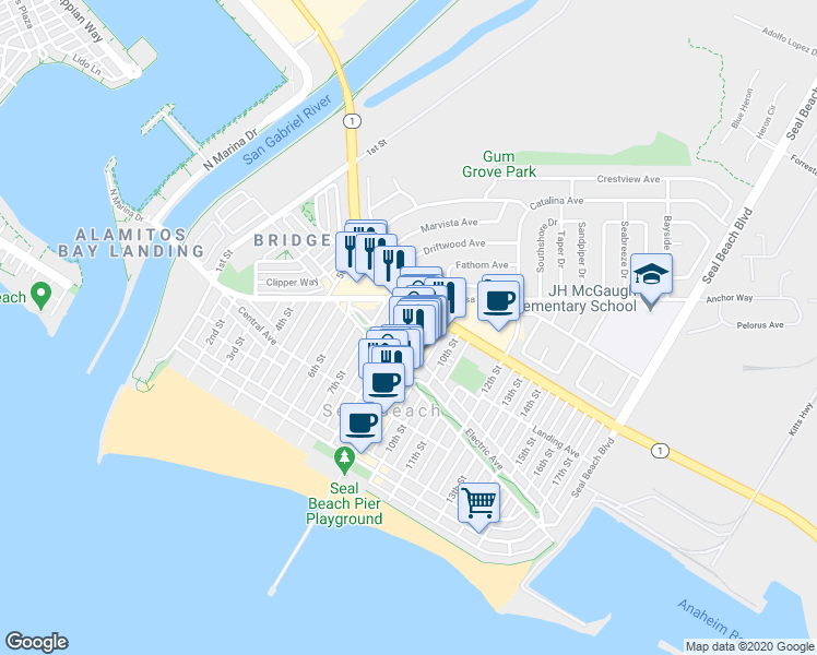 map of restaurants, bars, coffee shops, grocery stores, and more near 320 8th Street in Seal Beach