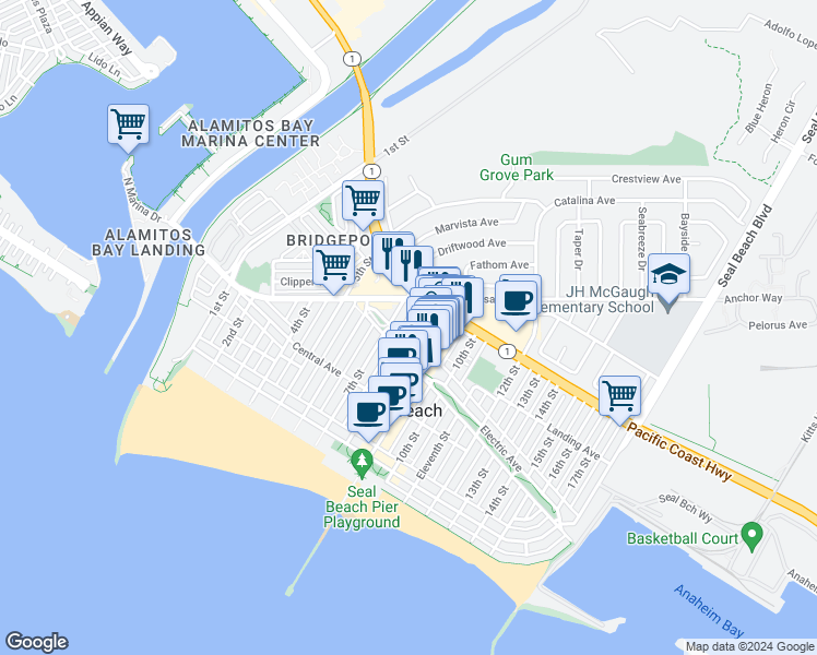 map of restaurants, bars, coffee shops, grocery stores, and more near 302 8th Street in Seal Beach