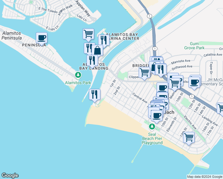 map of restaurants, bars, coffee shops, grocery stores, and more near 127 2nd Street in Seal Beach