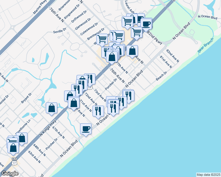 map of restaurants, bars, coffee shops, grocery stores, and more near 311 75th Avenue North in Myrtle Beach