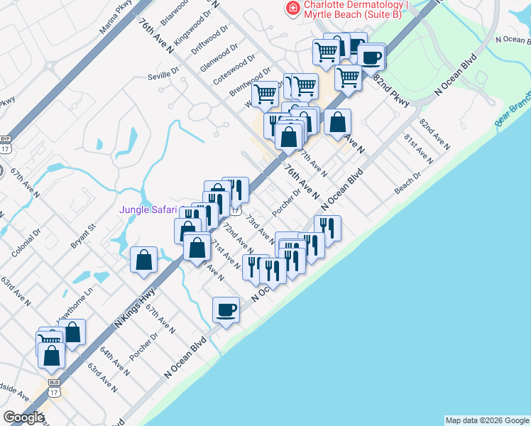 map of restaurants, bars, coffee shops, grocery stores, and more near 7300 North Kings Highway in Myrtle Beach