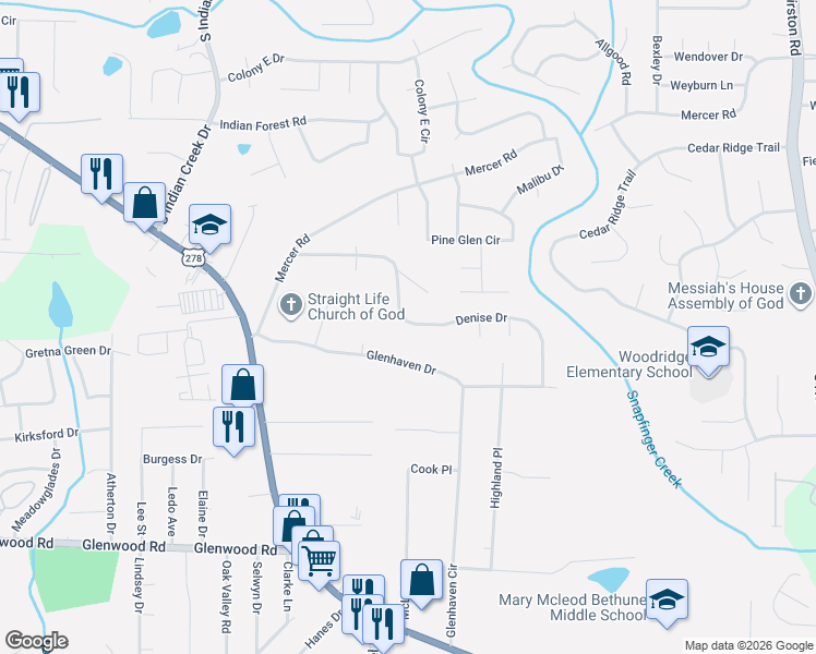 map of restaurants, bars, coffee shops, grocery stores, and more near 4349 Denise Drive in Decatur