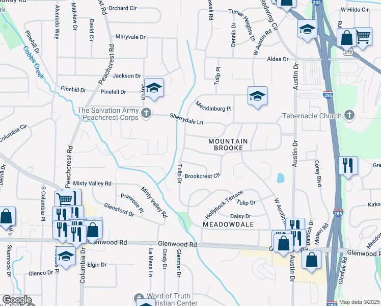 map of restaurants, bars, coffee shops, grocery stores, and more near 3594 Hillsborough Lane in Decatur