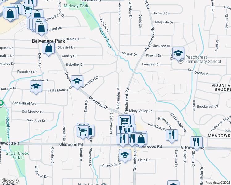 map of restaurants, bars, coffee shops, grocery stores, and more near 1639 North Columbia Place in Decatur