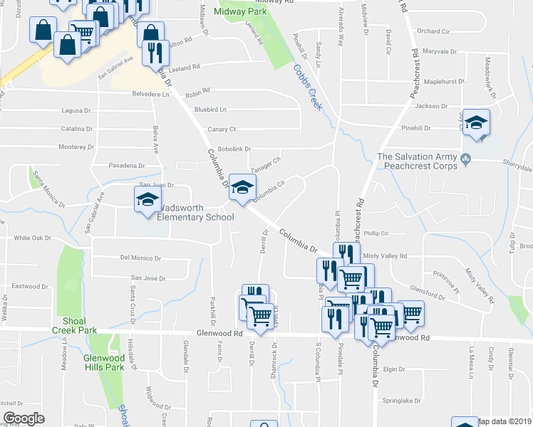 map of restaurants, bars, coffee shops, grocery stores, and more near 1576 Columbia Drive in Decatur