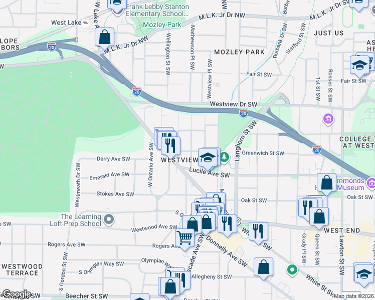 map of restaurants, bars, coffee shops, grocery stores, and more near 415 Mathewson Place Southwest in Atlanta