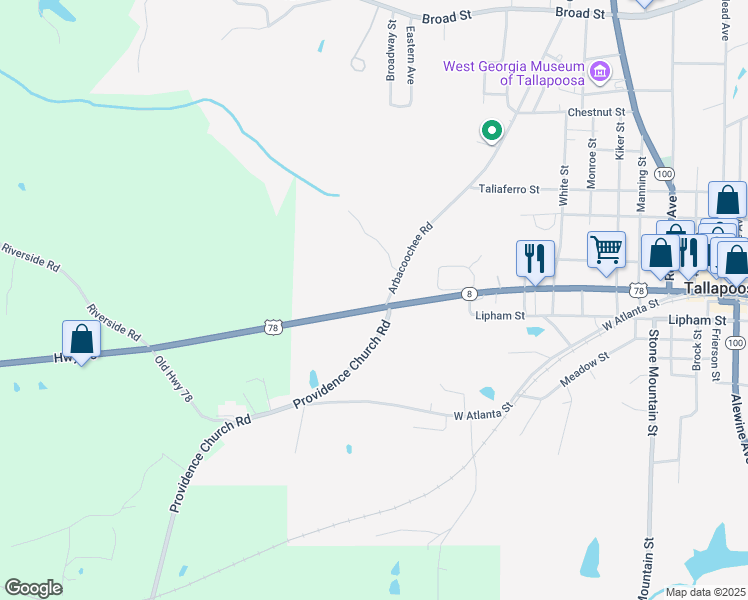 map of restaurants, bars, coffee shops, grocery stores, and more near 1506 U.S. 78 in Tallapoosa
