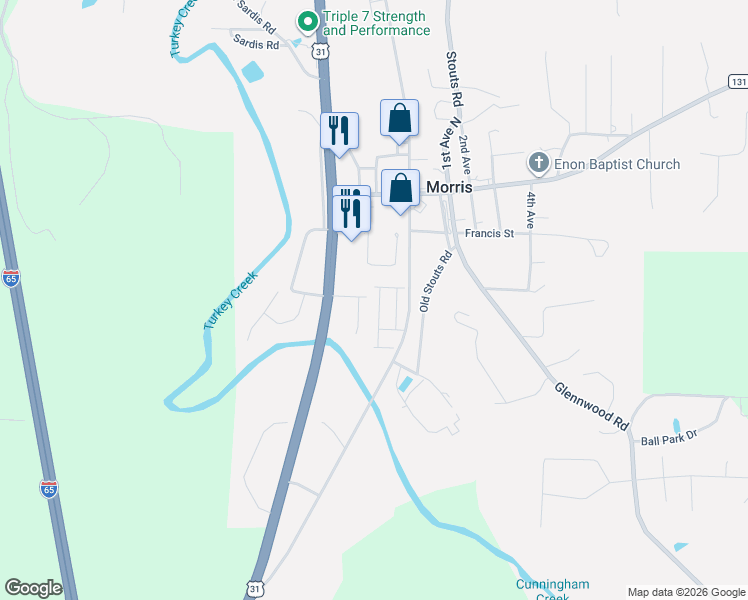 map of restaurants, bars, coffee shops, grocery stores, and more near 8312 Franklin Lane in Morris