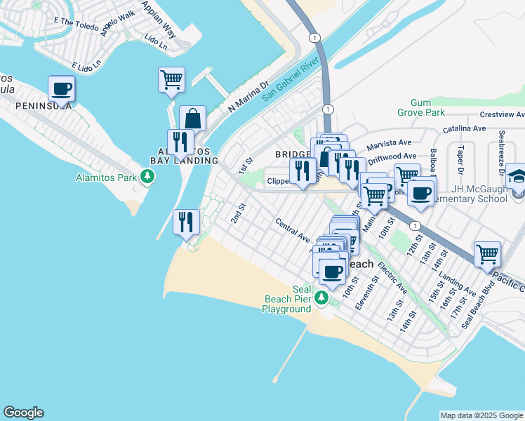 map of restaurants, bars, coffee shops, grocery stores, and more near 302 Central Avenue in Seal Beach