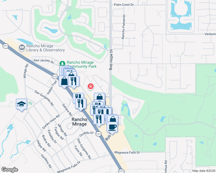 map of restaurants, bars, coffee shops, grocery stores, and more near 71945 Eleanora Lane in Rancho Mirage