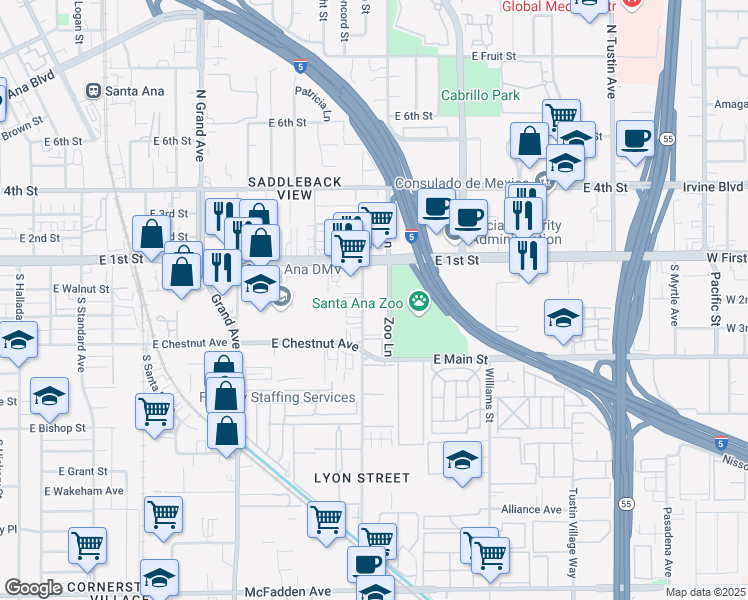 map of restaurants, bars, coffee shops, grocery stores, and more near 241 South Lyon Street in Santa Ana