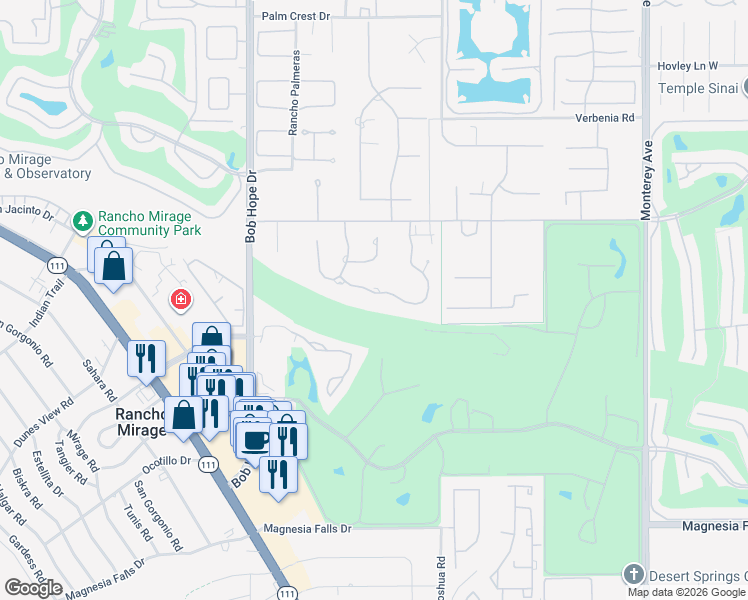 map of restaurants, bars, coffee shops, grocery stores, and more near 16 Clancy Lane South in Rancho Mirage