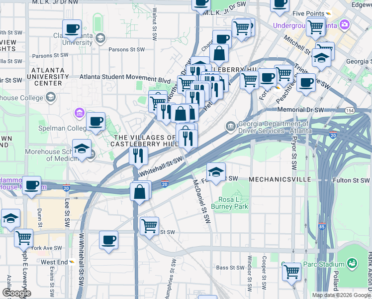 map of restaurants, bars, coffee shops, grocery stores, and more near 479 Whitehall Street Southwest in Atlanta