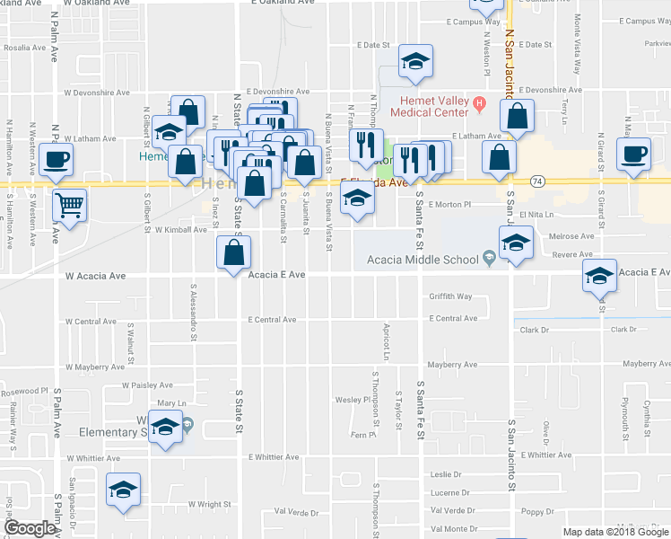 map of restaurants, bars, coffee shops, grocery stores, and more near 258 South Buena Vista Street in Hemet