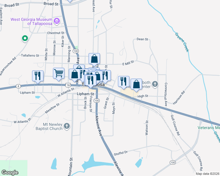 map of restaurants, bars, coffee shops, grocery stores, and more near 2226 U.S. 78 in Tallapoosa