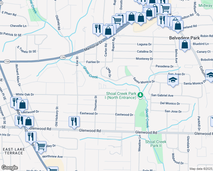 map of restaurants, bars, coffee shops, grocery stores, and more near 1617 Welika Drive in Decatur