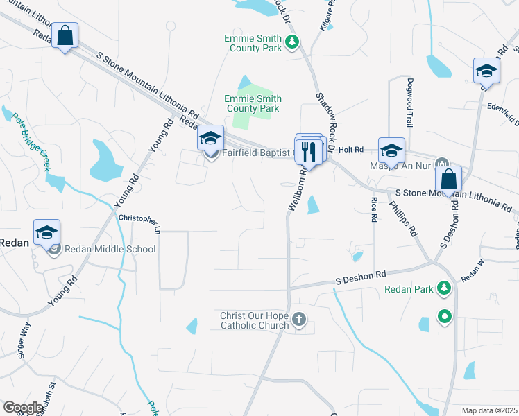 map of restaurants, bars, coffee shops, grocery stores, and more near 1572 Duren Farms Drive in Lithonia