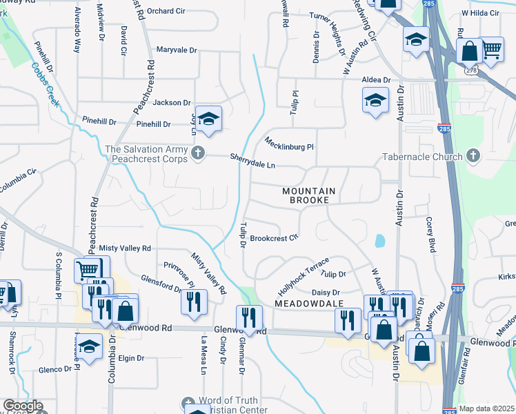 map of restaurants, bars, coffee shops, grocery stores, and more near 3594 Hillsborough Lane in Decatur