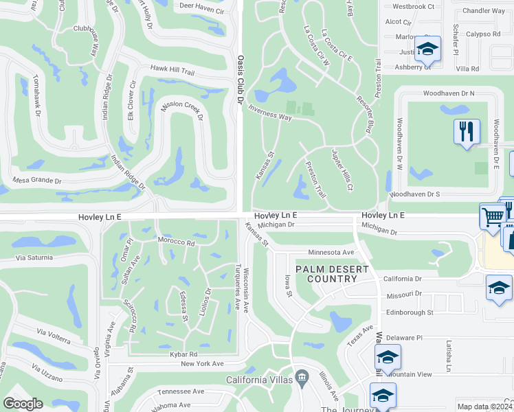 map of restaurants, bars, coffee shops, grocery stores, and more near 77050 Pauma Valley Way in Palm Desert