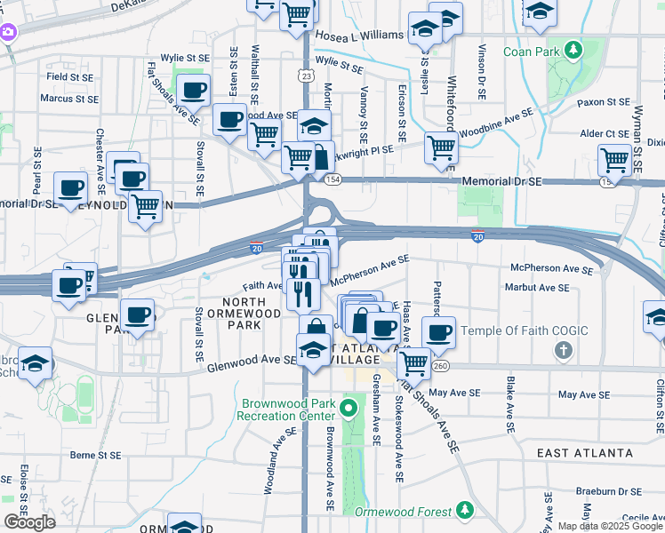 map of restaurants, bars, coffee shops, grocery stores, and more near 347 Trilby Street Southeast in Atlanta