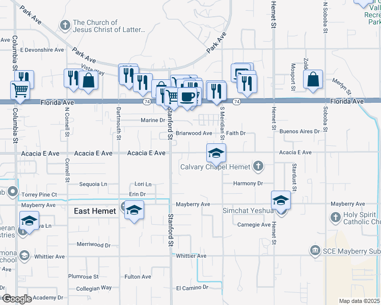 map of restaurants, bars, coffee shops, grocery stores, and more near 41854 Acacia East Avenue in Hemet