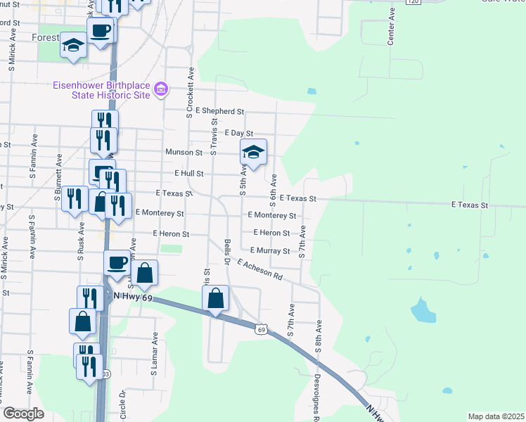 map of restaurants, bars, coffee shops, grocery stores, and more near 529 East Monterey Street in Denison