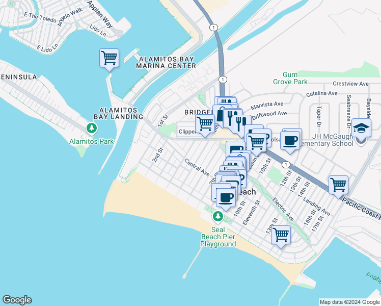 map of restaurants, bars, coffee shops, grocery stores, and more near 214 4th Street in Seal Beach