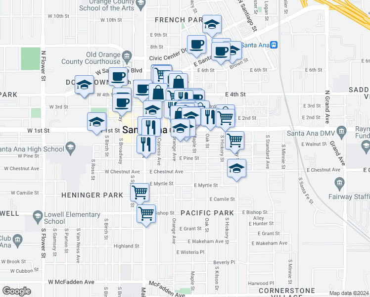 map of restaurants, bars, coffee shops, grocery stores, and more near 320 East Walnut Street in Santa Ana
