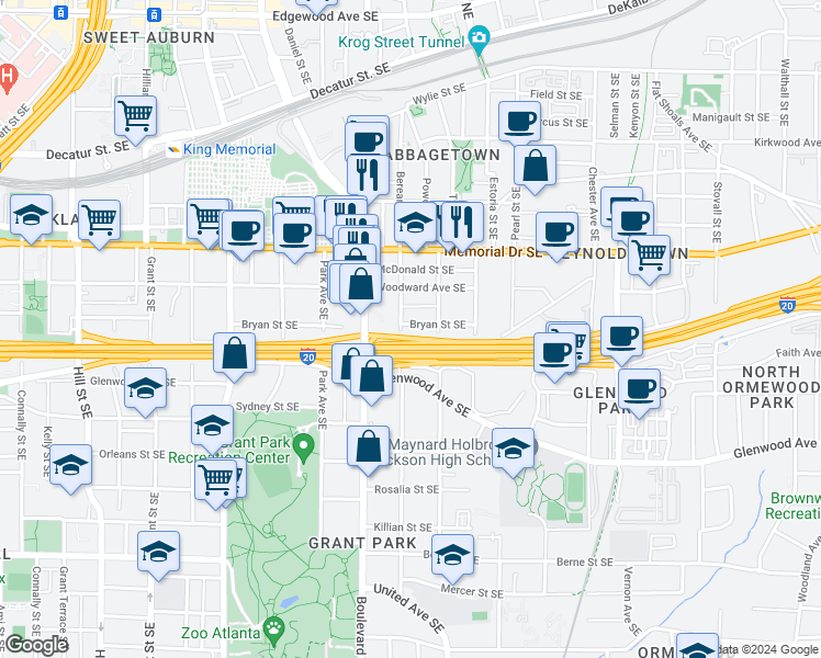 map of restaurants, bars, coffee shops, grocery stores, and more near 647 Bryan Street Southeast in Atlanta