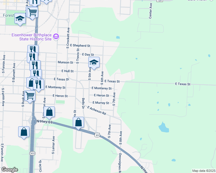 map of restaurants, bars, coffee shops, grocery stores, and more near 615 East Monterey Street in Denison