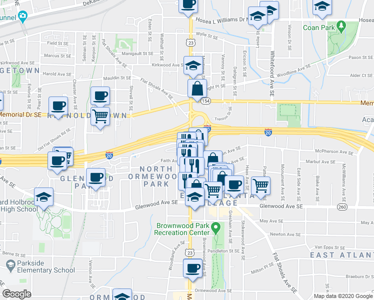 map of restaurants, bars, coffee shops, grocery stores, and more near 355 Moreland Avenue Southeast in Atlanta