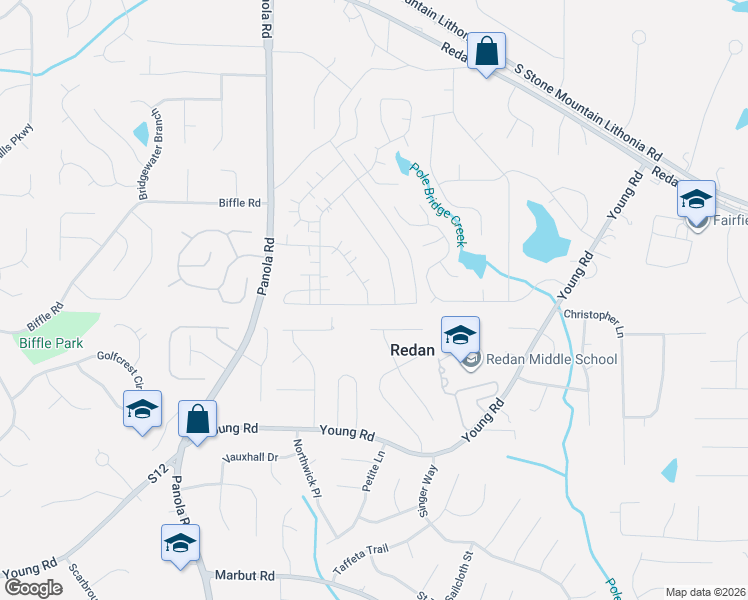 map of restaurants, bars, coffee shops, grocery stores, and more near 5585 Circlestone Lane in Stone Mountain