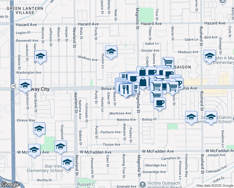 map of restaurants, bars, coffee shops, grocery stores, and more near 15032 Neece Street in Westminster