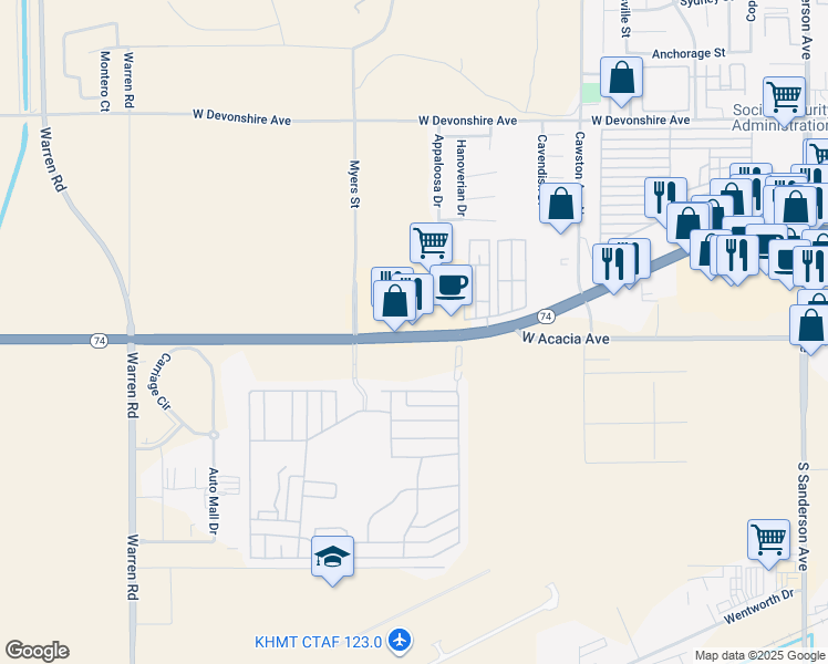 map of restaurants, bars, coffee shops, grocery stores, and more near 4672 West Florida Avenue in Hemet