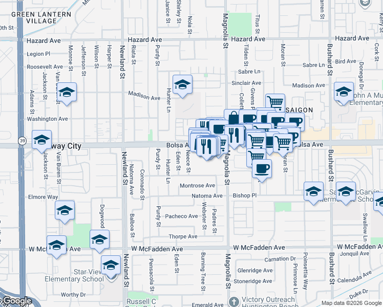 map of restaurants, bars, coffee shops, grocery stores, and more near 15032 Neece Street in Westminster