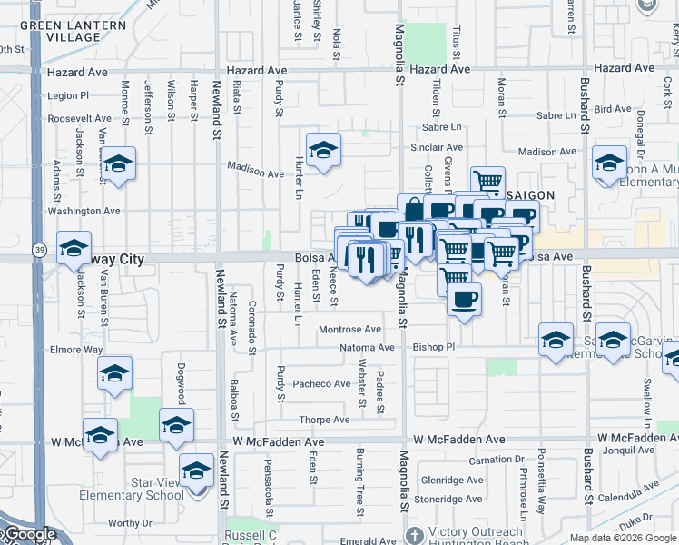 map of restaurants, bars, coffee shops, grocery stores, and more near 15032 Neece Street in Westminster