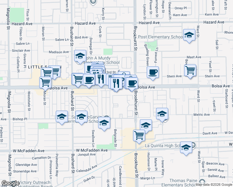 map of restaurants, bars, coffee shops, grocery stores, and more near 9822 Bolsa Avenue in Westminster