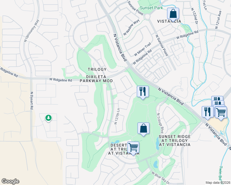 map of restaurants, bars, coffee shops, grocery stores, and more near 28826 North 127th Lane in Peoria