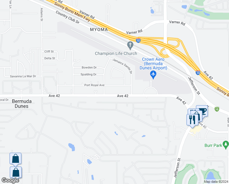 map of restaurants, bars, coffee shops, grocery stores, and more near 79560 Avenue 42 in Bermuda Dunes