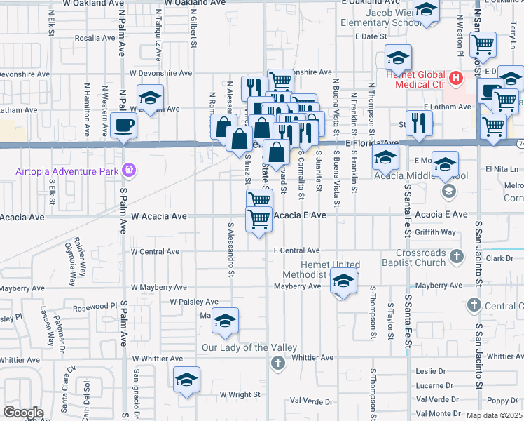 map of restaurants, bars, coffee shops, grocery stores, and more near 2 West Acacia Avenue in Hemet
