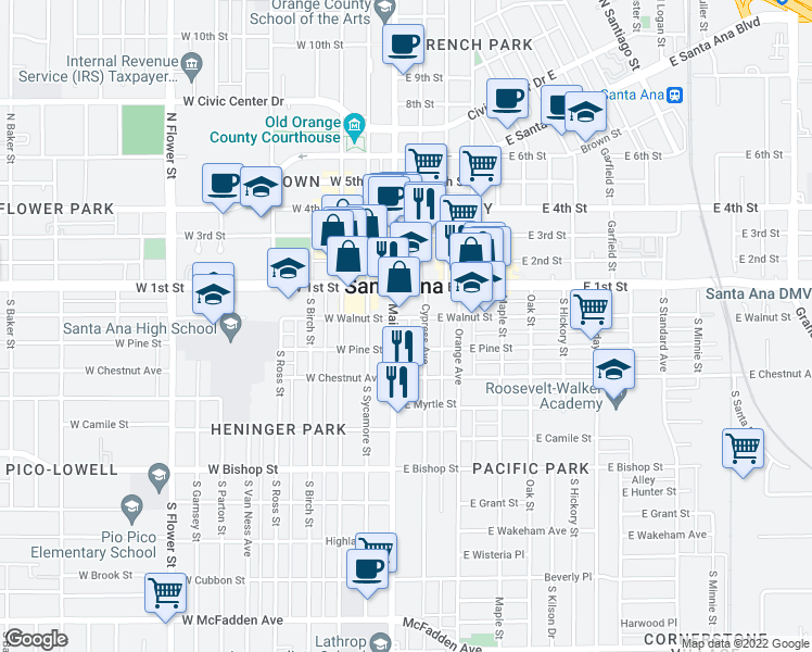 map of restaurants, bars, coffee shops, grocery stores, and more near 205 South Main Street in Santa Ana
