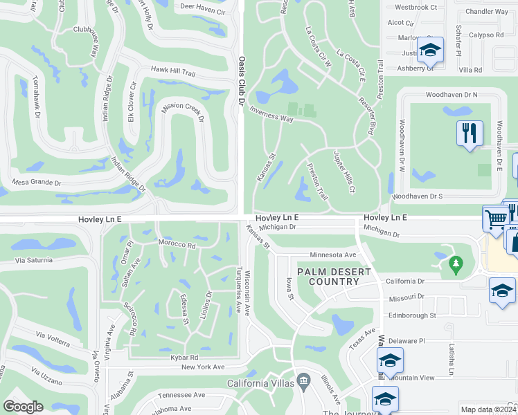 map of restaurants, bars, coffee shops, grocery stores, and more near 77050 Pauma Valley Way in Palm Desert