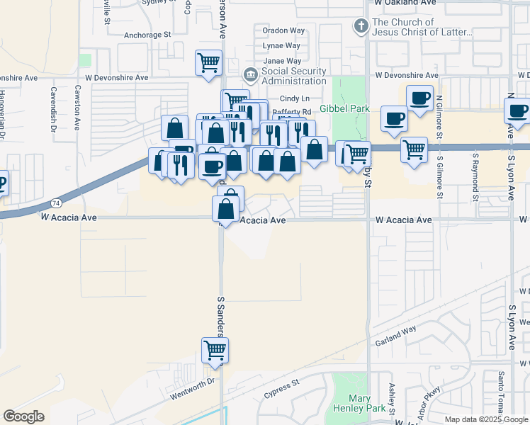 map of restaurants, bars, coffee shops, grocery stores, and more near 3030 West Acacia Avenue in Hemet