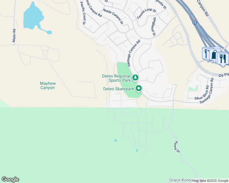 map of restaurants, bars, coffee shops, grocery stores, and more near 11050 Quince Court in Corona